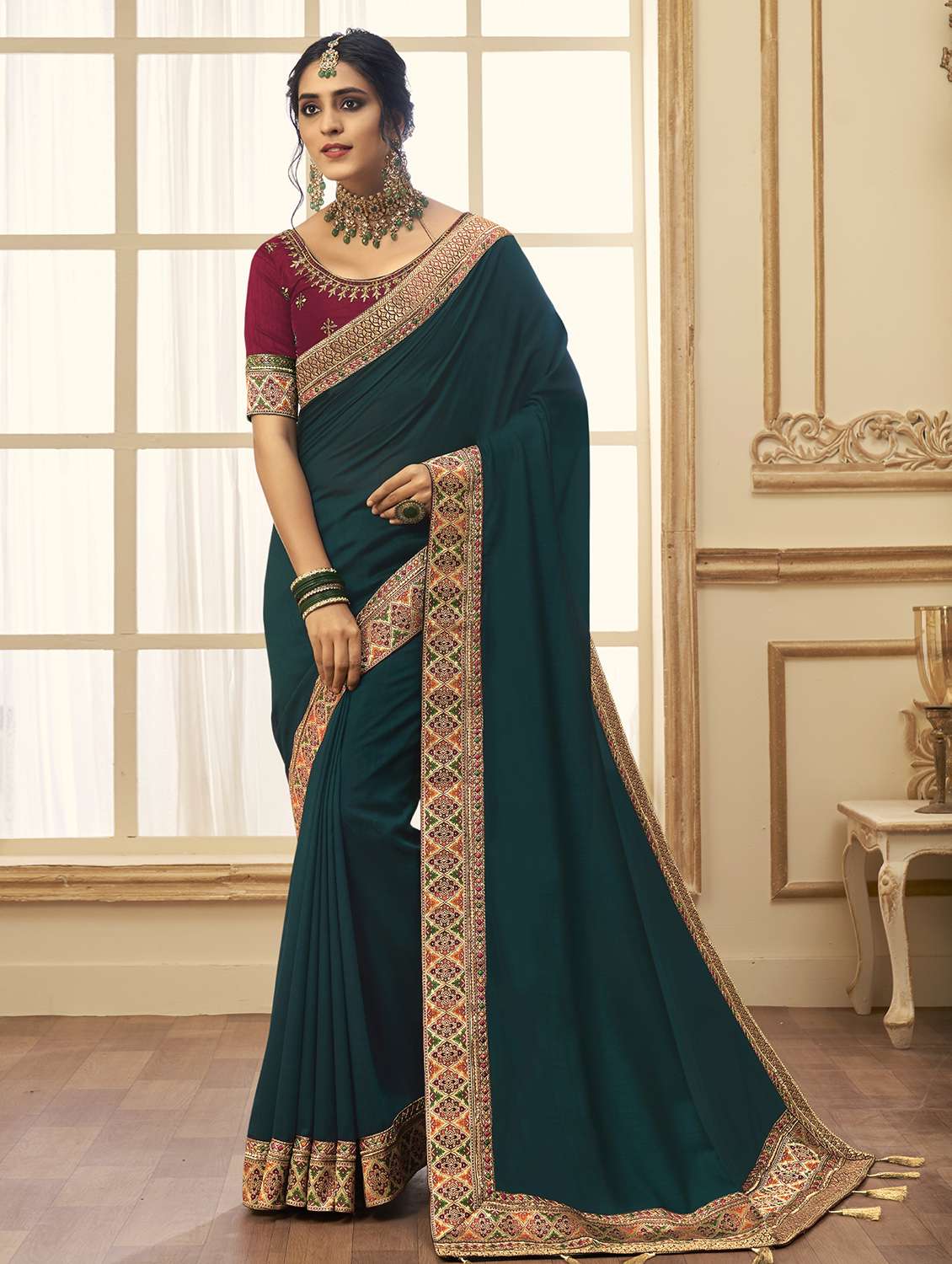 solid bordered saree with blouse