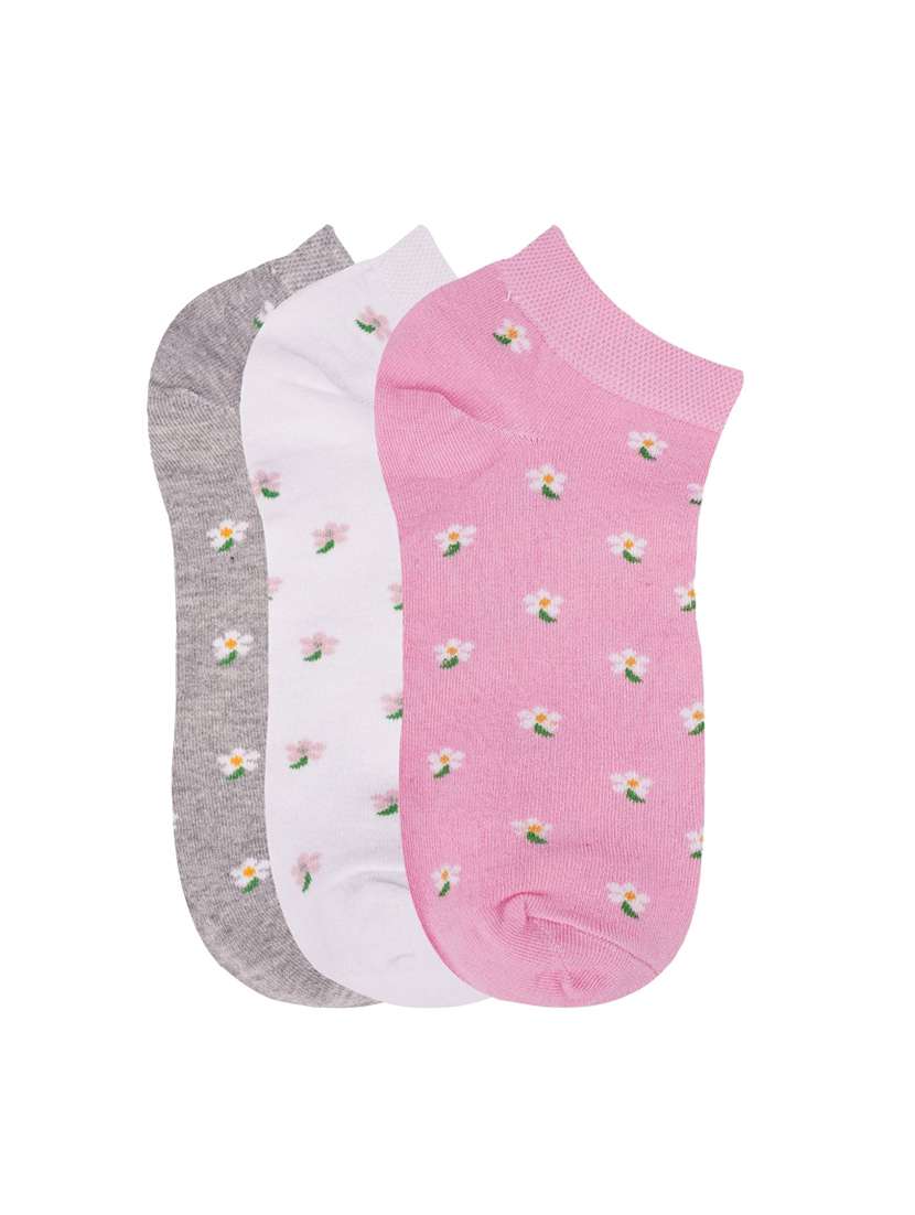 low ankle length flower pattern cotton socks (pack of 3) - 18054733 - Zoom Image - 0