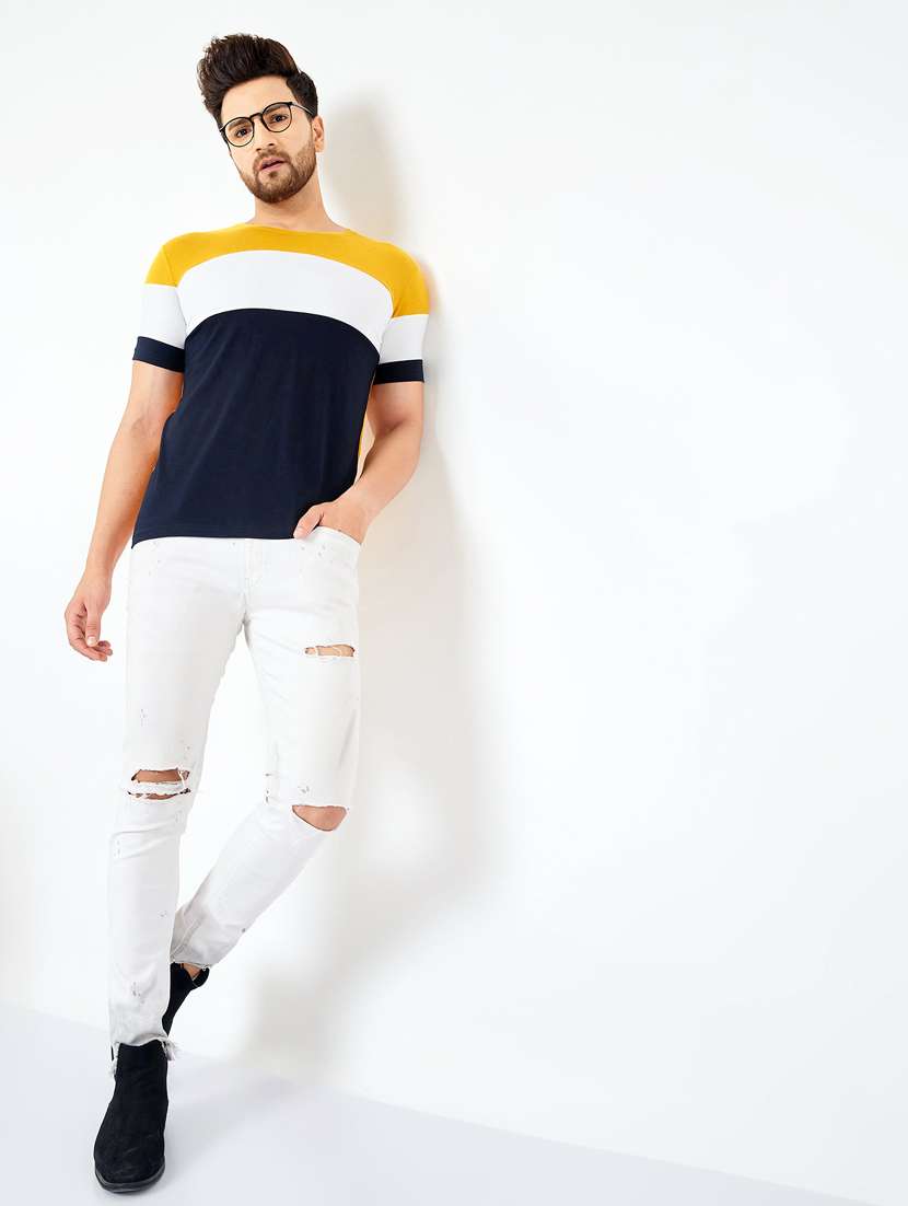 navy-blue crew-neck color-block t-shirt - 18056216 -  Standard Image - 3