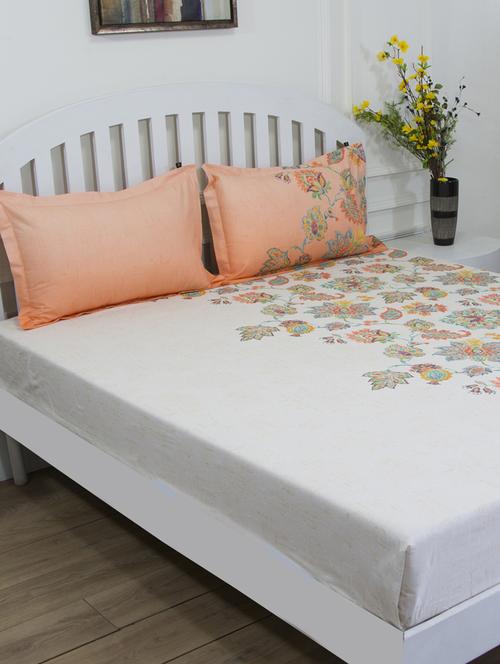 gm floral 144 tc 100% cotton digital print orange & white double bedsheet with 2 pillow covers - 18058904 -  Standard Image - 0