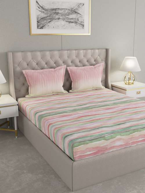 gm abstract 144 tc 100% cotton digital print pink & green double bedsheet with 2 pillow covers - 18058912 - Standard Image - 0