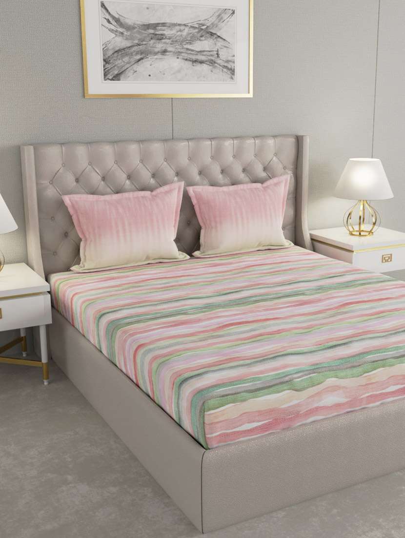 gm abstract 144 tc 100% cotton digital print pink & green double bedsheet with 2 pillow covers - 18058912 - Zoom Image - 0