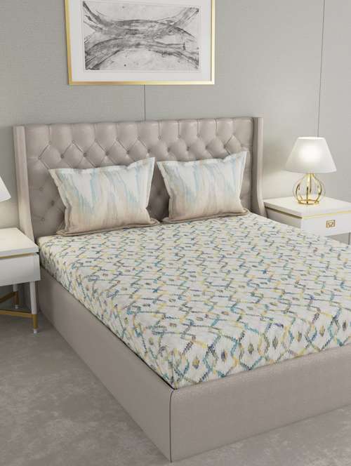gm geometric 144 tc 100% cotton digital print white & green double bedsheet with 2 pillow covers - 18058932 -  Standard Image - 0