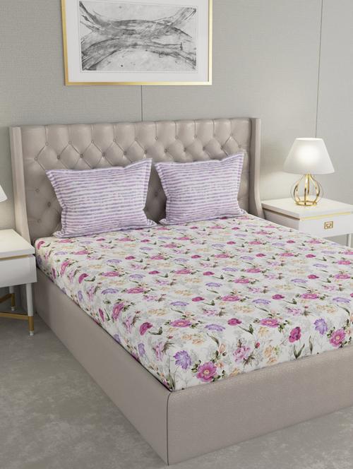 gm floral 144 tc 100% cotton digital print white & purple double bedsheet with 2 pillow covers - 18058936 -  Standard Image - 0