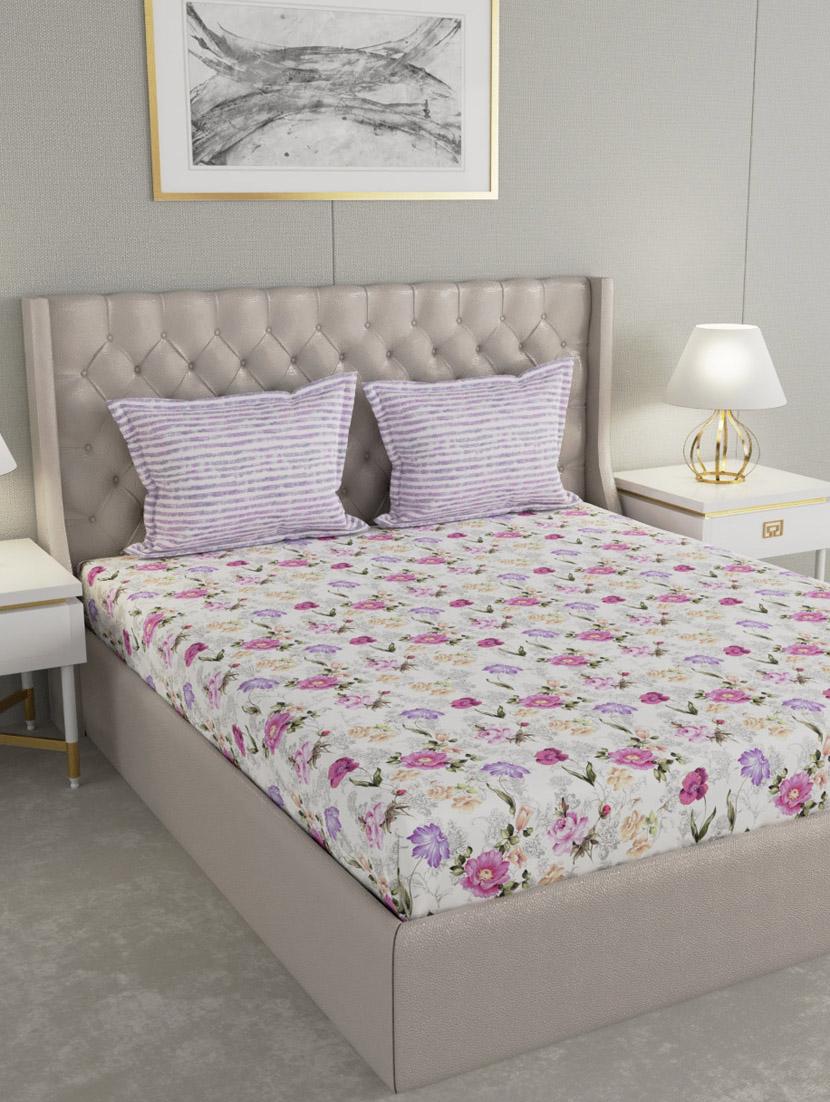 gm floral 144 tc 100% cotton digital print white & purple double bedsheet with 2 pillow covers - 18058936 -  Zoom Image - 0