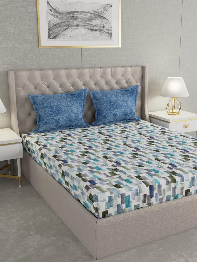 gm geometric 180 tc 100% cotton digital print blue & grey double bedsheet with 2 pillow covers - 18058947 - Zoom Image - 0