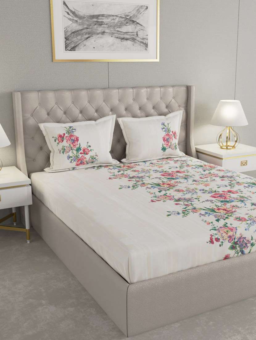 gm floral 180 tc 100% cotton digital print white & orange double bedsheet with 2 pillow covers - 18058957 -  Zoom Image - 0