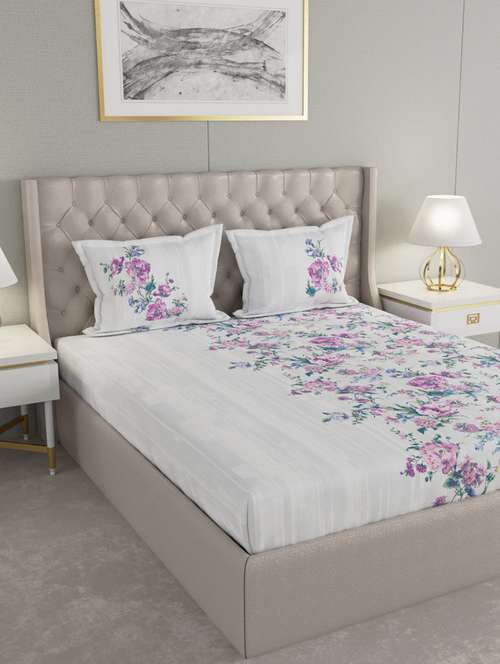 gm floral 180 tc 100% cotton digital print white & orange double bedsheet with 2 pillow covers - 18058958 - Standard Image - 0