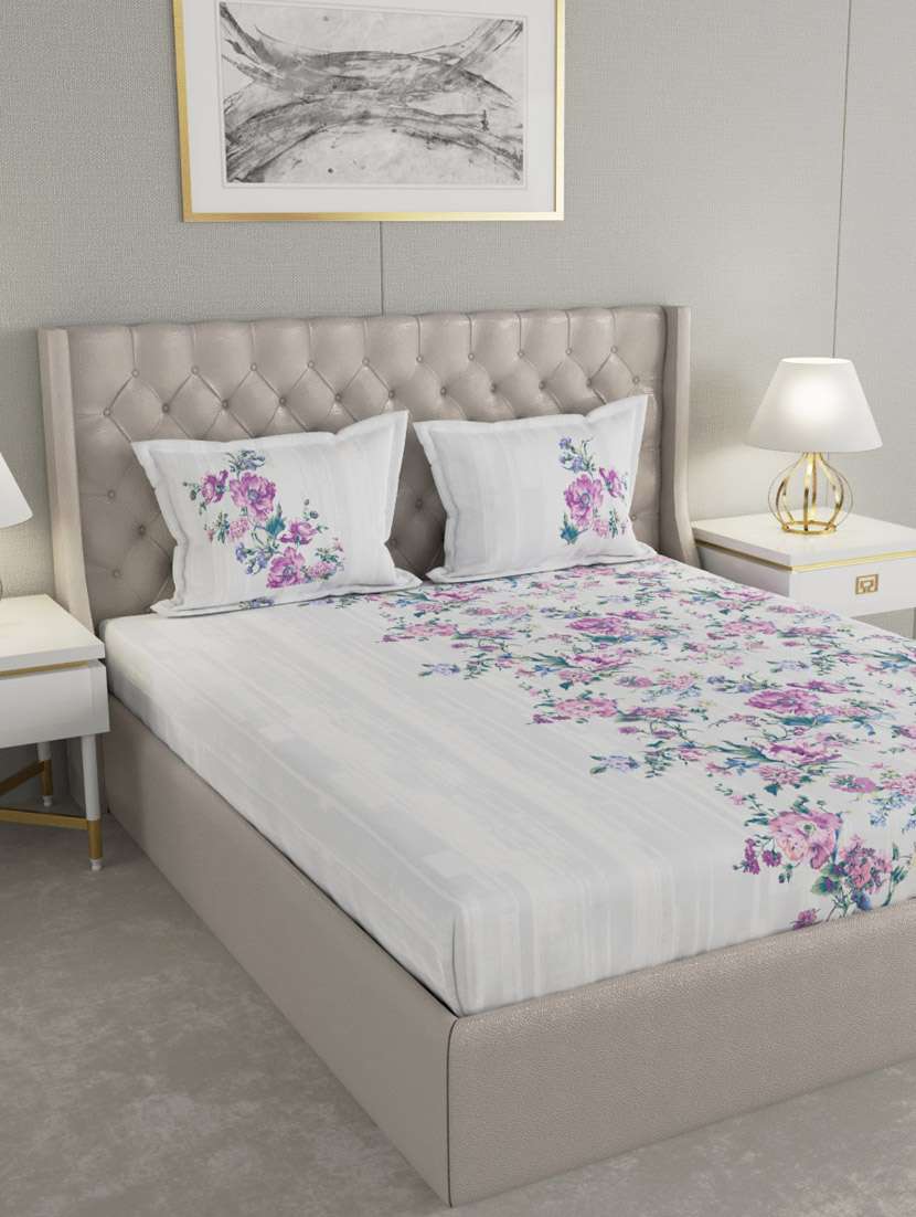 gm floral 180 tc 100% cotton digital print white & orange double bedsheet with 2 pillow covers - 18058958 - Zoom Image - 0