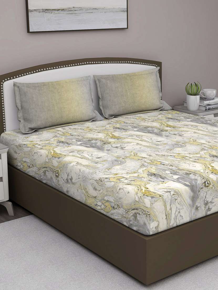 gm abstract 180 tc 100% cotton digital print yellow & grey double bedsheet with 2 pillow covers - 18058972 -  Zoom Image - 0
