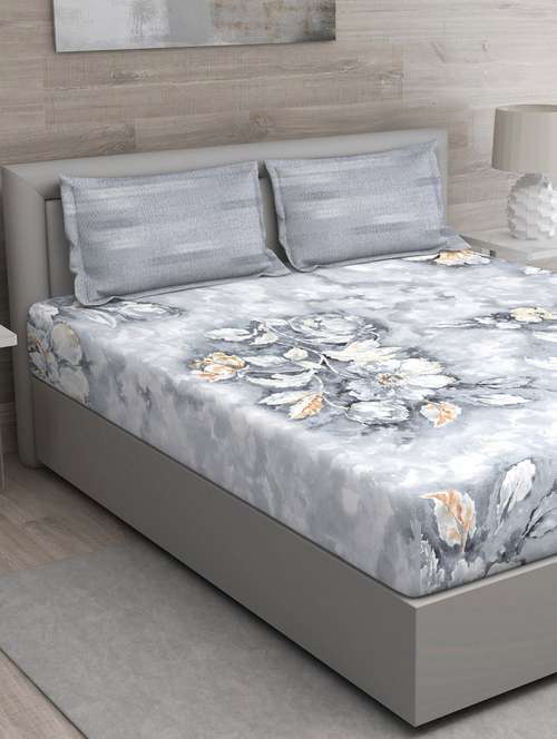 gm floral 144 tc 100% cotton digital print grey double bedsheet with 2 pillow covers - 18058974 -  Standard Image - 0
