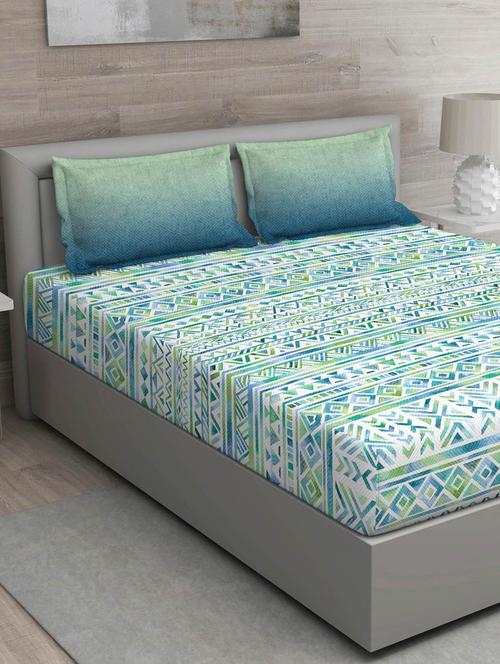 gm geometric 144 tc 100% cotton digital print green double bedsheet with 2 pillow covers - 18058978 -  Standard Image - 0