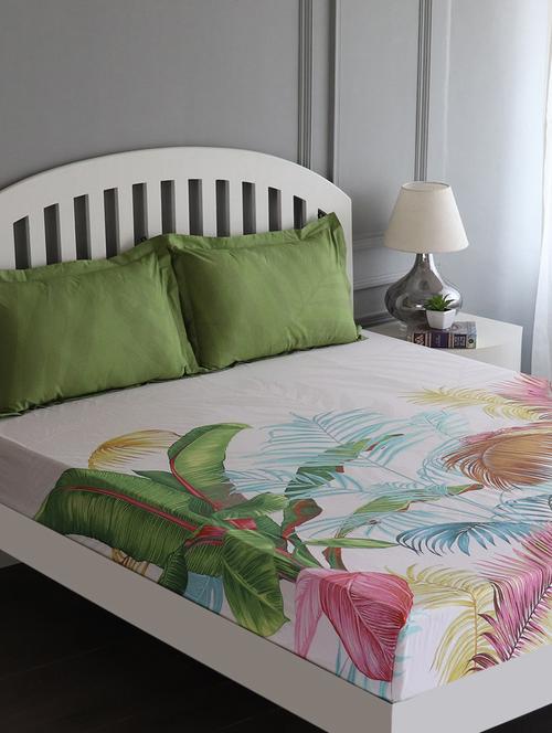 gm floral 180 tc 100% cotton digital print white, green & yellow double bedsheet with 2 pillow covers - 18058996 -  Standard Image - 0