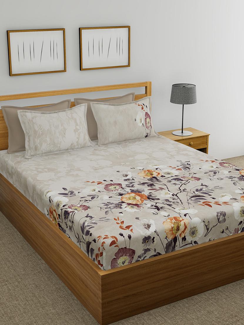 gm floral 400 tc 100% cotton digital print beige double bedsheet with 4 pillow covers - 18058998 -  Zoom Image - 0