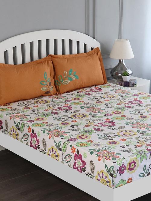 gm floral 150 tc 100% cotton digital print white, beige & multi color double bedsheet with 2 pillow covers - 18059000 -  Standard Image - 0