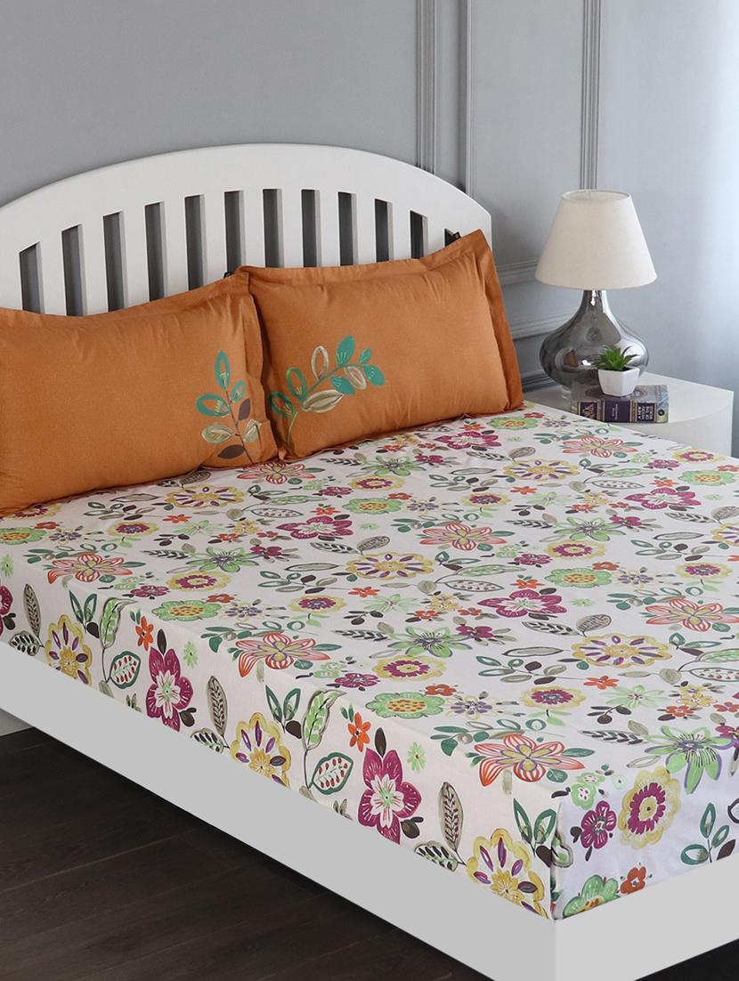 gm floral 150 tc 100% cotton digital print white, beige & multi color double bedsheet with 2 pillow covers - 18059000 -  Zoom Image - 0