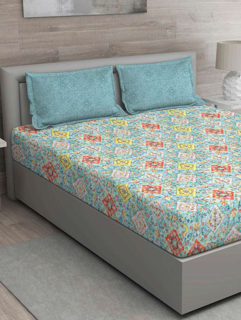 gm geometric 150 tc 100% cotton digital print blue double bedsheet with 2 pillow covers - 18059004 - Zoom Image - 0