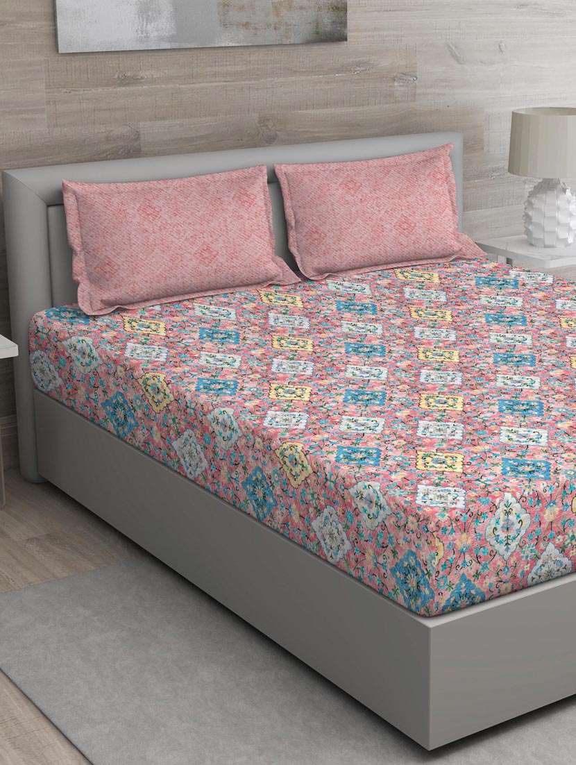 gm geometric 150 tc 100% cotton digital print blue double bedsheet with 2 pillow covers - 18059005 -  Zoom Image - 0