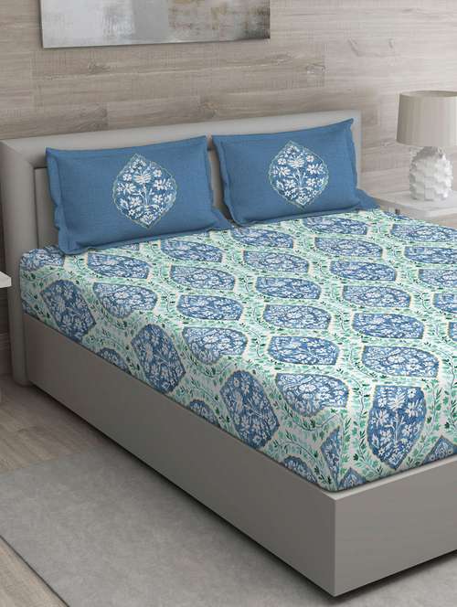 gm abstract 150 tc 100% cotton digital print blue double bedsheet with 2 pillow covers - 18059006 -  Standard Image - 0
