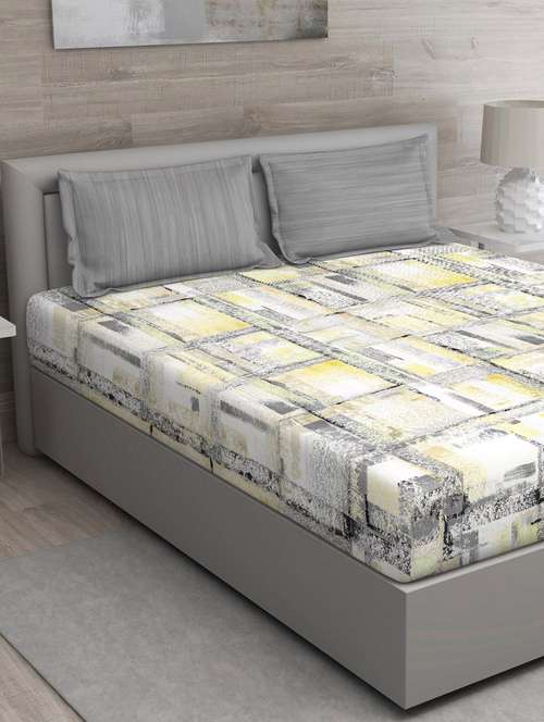 gm abstract 144 tc 100% cotton digital print yellow & grey double bedsheet with 2 pillow covers - 18059012 -  Standard Image - 0