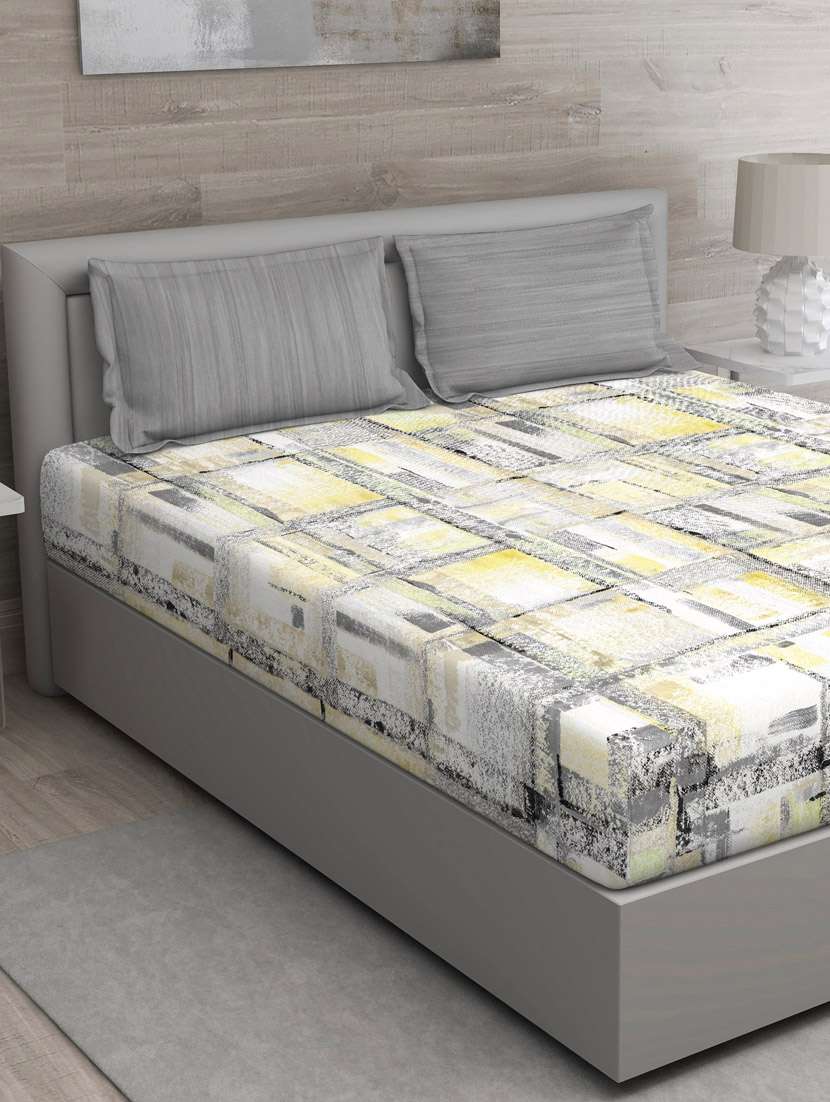 gm abstract 144 tc 100% cotton digital print yellow & grey double bedsheet with 2 pillow covers - 18059012 -  Zoom Image - 0