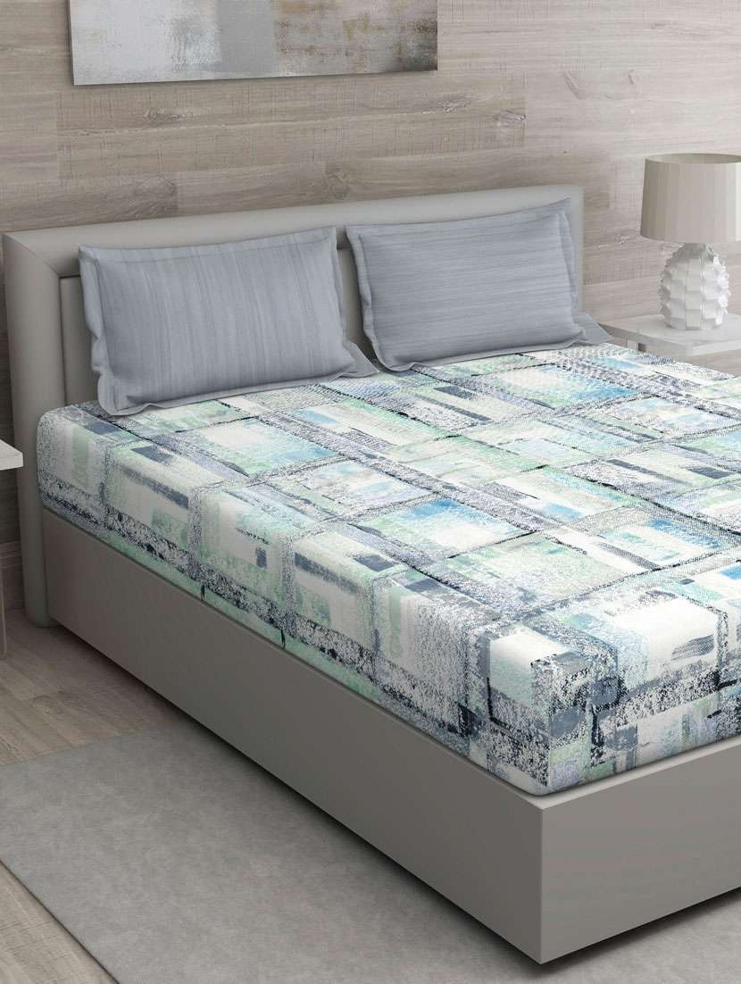 gm abstract 144 tc 100% cotton digital print yellow & grey double bedsheet with 2 pillow covers