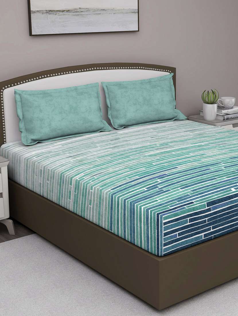 gm geometric 180 tc 100% cotton digital print blue double bedsheet with 2 pillow covers - 18059014 - Zoom Image - 0