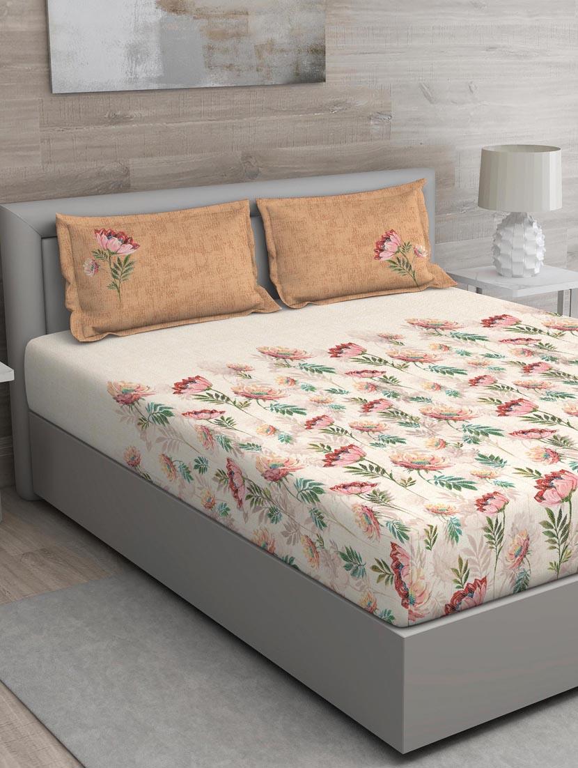 gm floral 144 tc 100% cotton digital print orange double bedsheet with 2 pillow covers - 18059020 - Zoom Image - 0