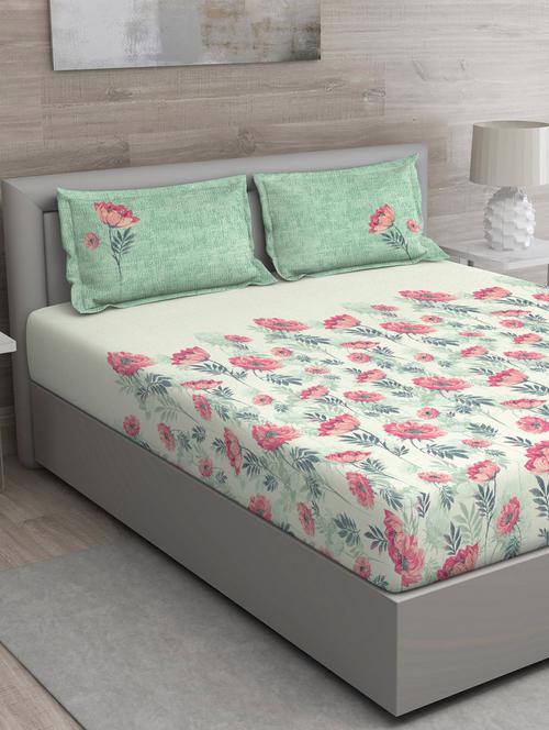 gm floral 144 tc 100% cotton digital print orange double bedsheet with 2 pillow covers - 18059021 - Standard Image - 0