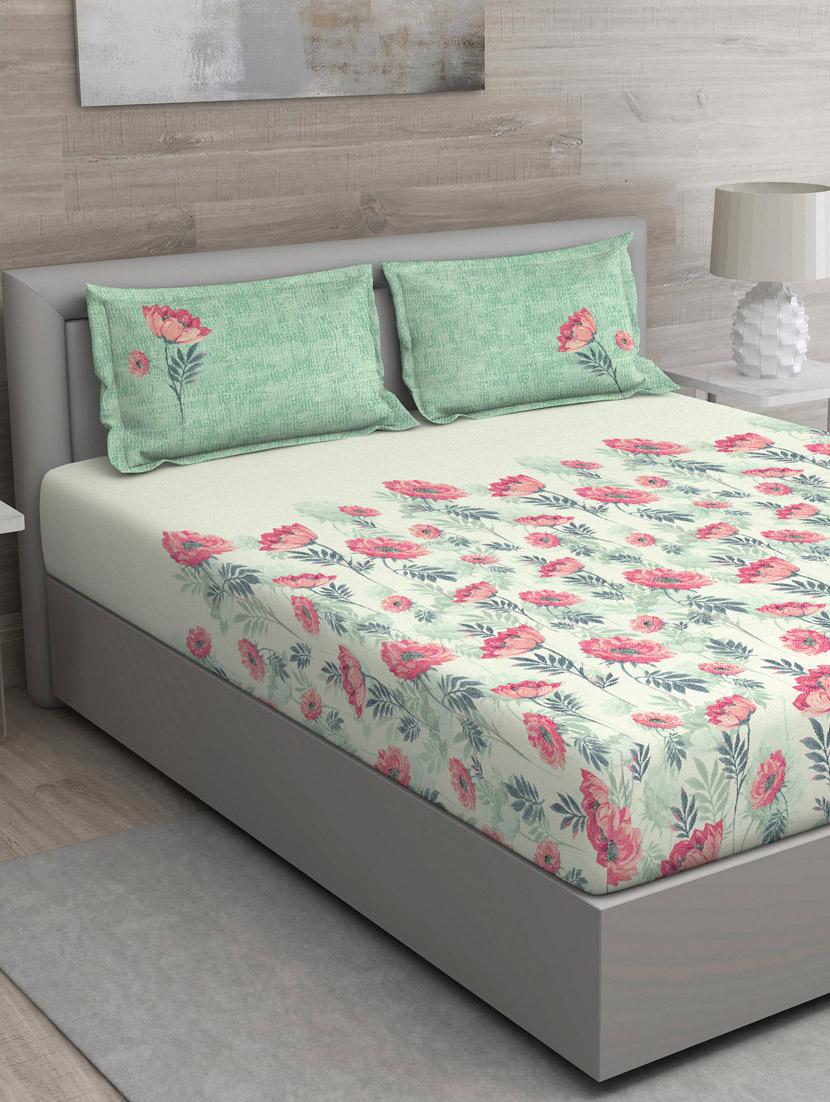 gm floral 144 tc 100% cotton digital print orange double bedsheet with 2 pillow covers - 18059021 - Zoom Image - 0