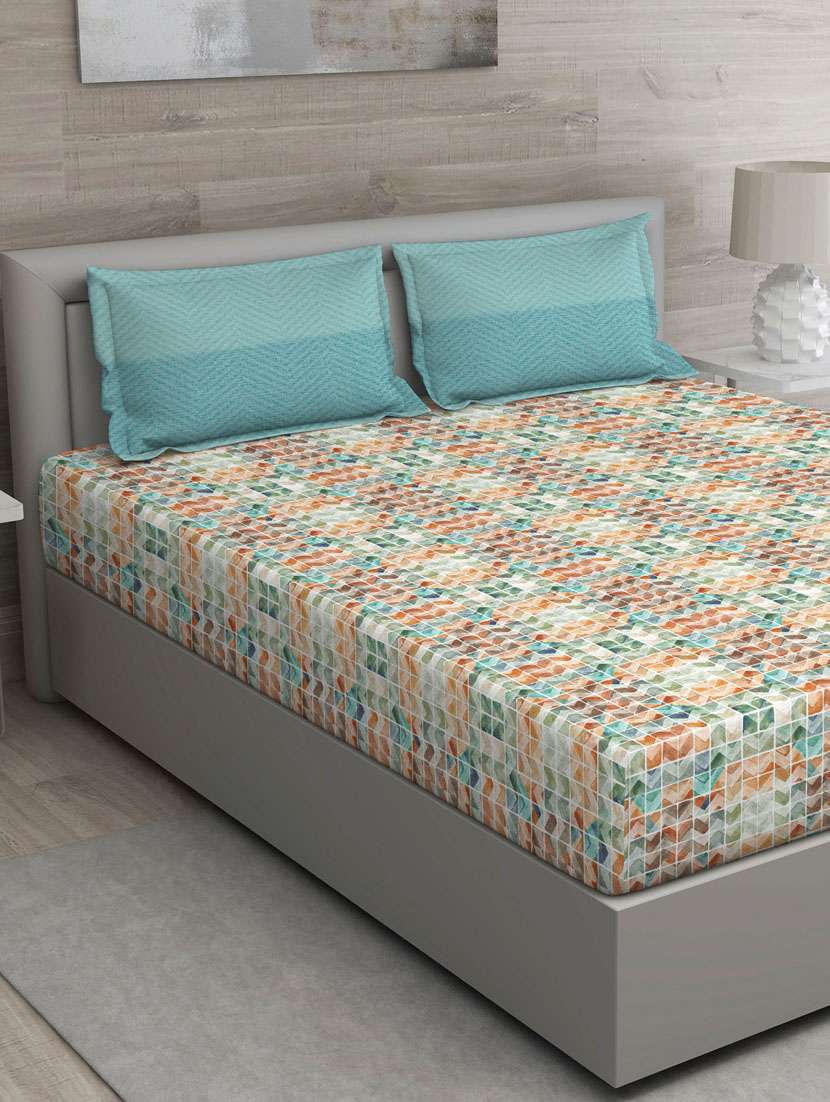 gm geometric 150 tc 100% cotton digital print turquoise blue double bedsheet with 2 pillow covers - 18059026 - Zoom Image - 0