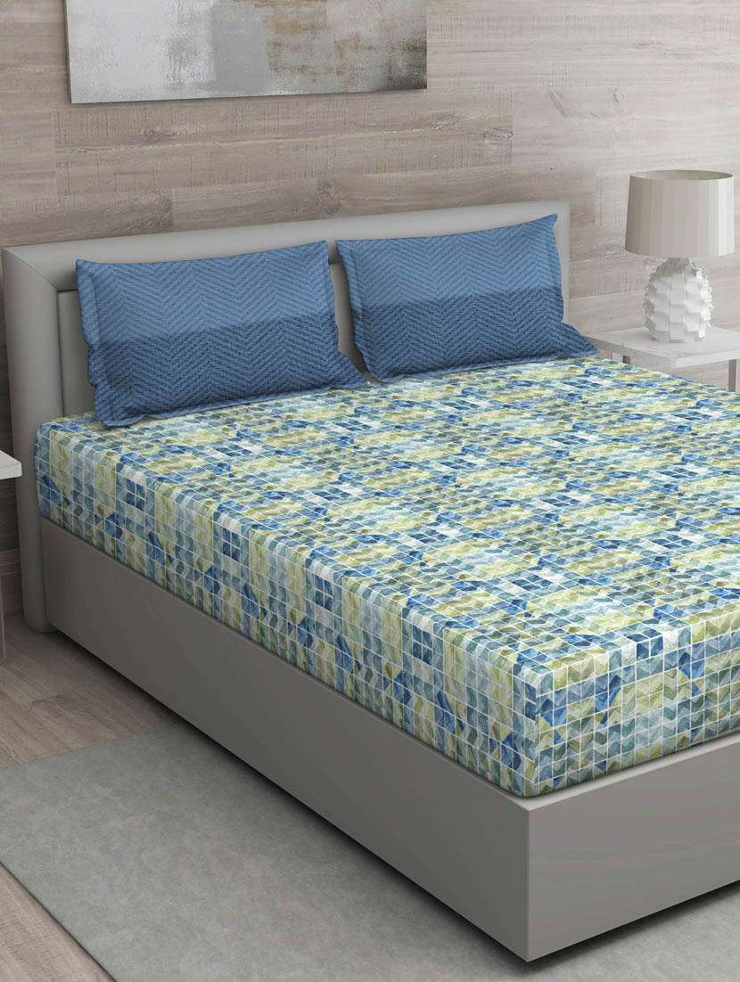 gm geometric 150 tc 100% cotton digital print turquoise blue double bedsheet with 2 pillow covers - 18059027 -  Zoom Image - 0