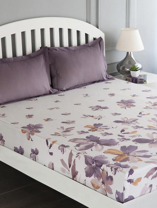 gm floral 180 tc 100% cotton digital print white & purple double bedsheet with 2 pillow covers - 18059031 - Standard Image - 0