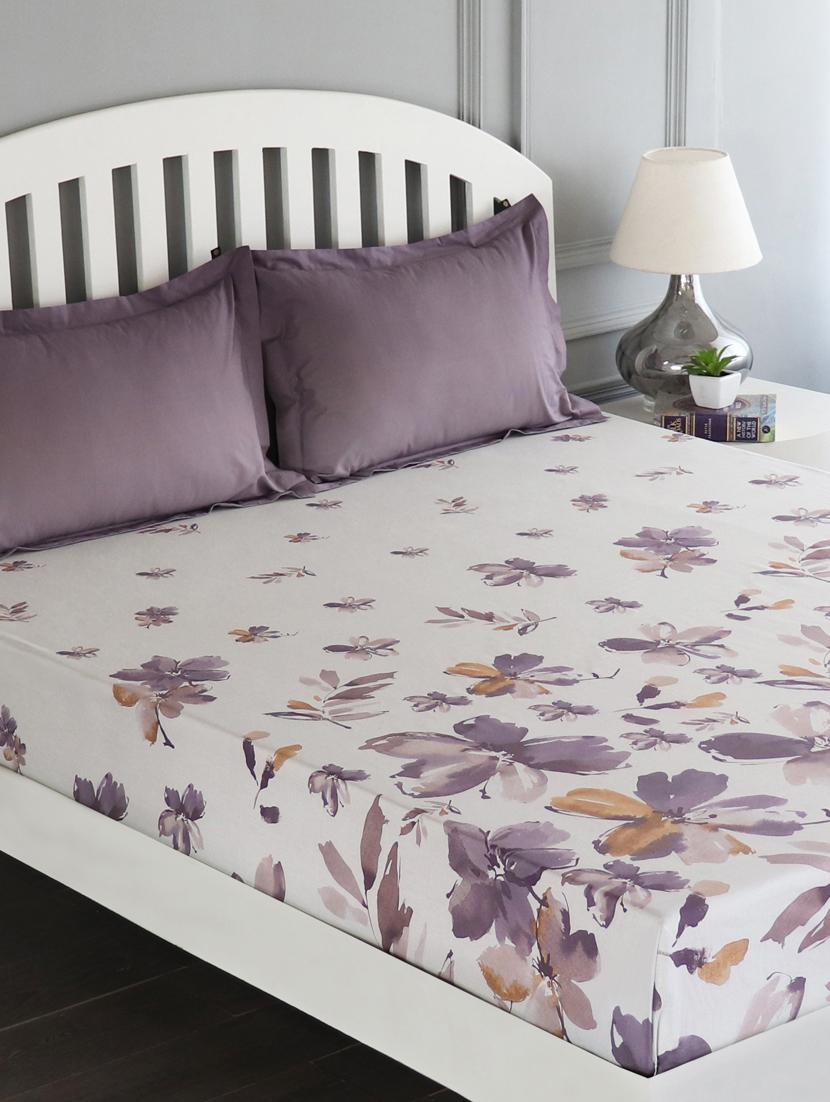 gm floral 180 tc 100% cotton digital print white & purple double bedsheet with 2 pillow covers - 18059031 - Zoom Image - 0