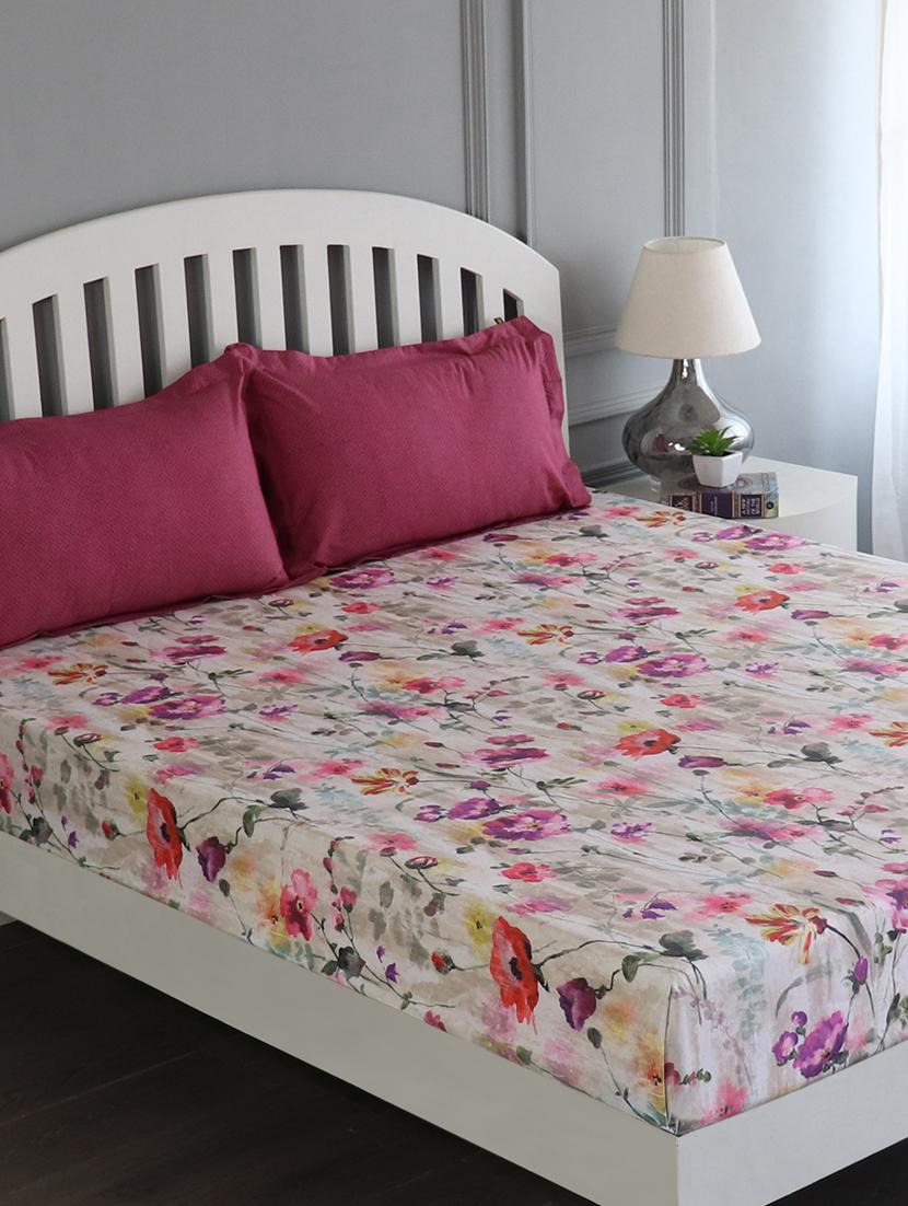 gm floral 180 tc 100% cotton digital print white, purple & multi color double bedsheet with 2 pillow covers - 18059035 -  Zoom Image - 0