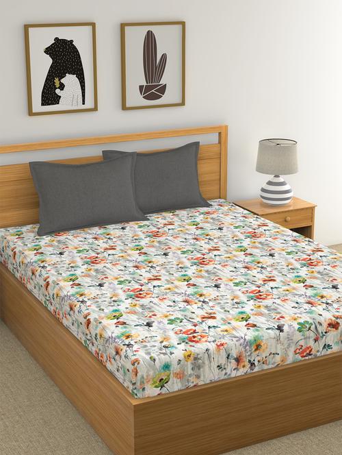 gm floral 180 tc 100% cotton digital print white, purple & multi color double bedsheet with 2 pillow covers - 18059036 - Standard Image - 0