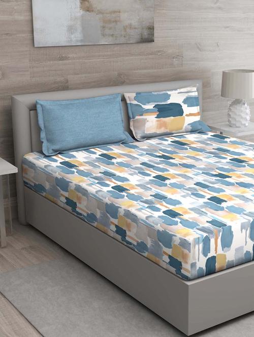 gm abstract 144 tc 100% cotton digital print blue double bedsheet with 2 pillow covers - 18059047 - Standard Image - 0