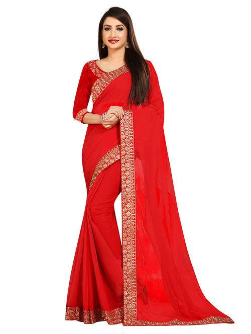 solid bordered saree with blouse - 18066384 - Standard Image - 0