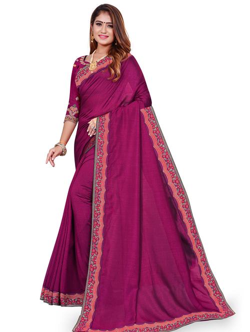 solid bordered saree with blouse - 18066391 -  Standard Image - 0