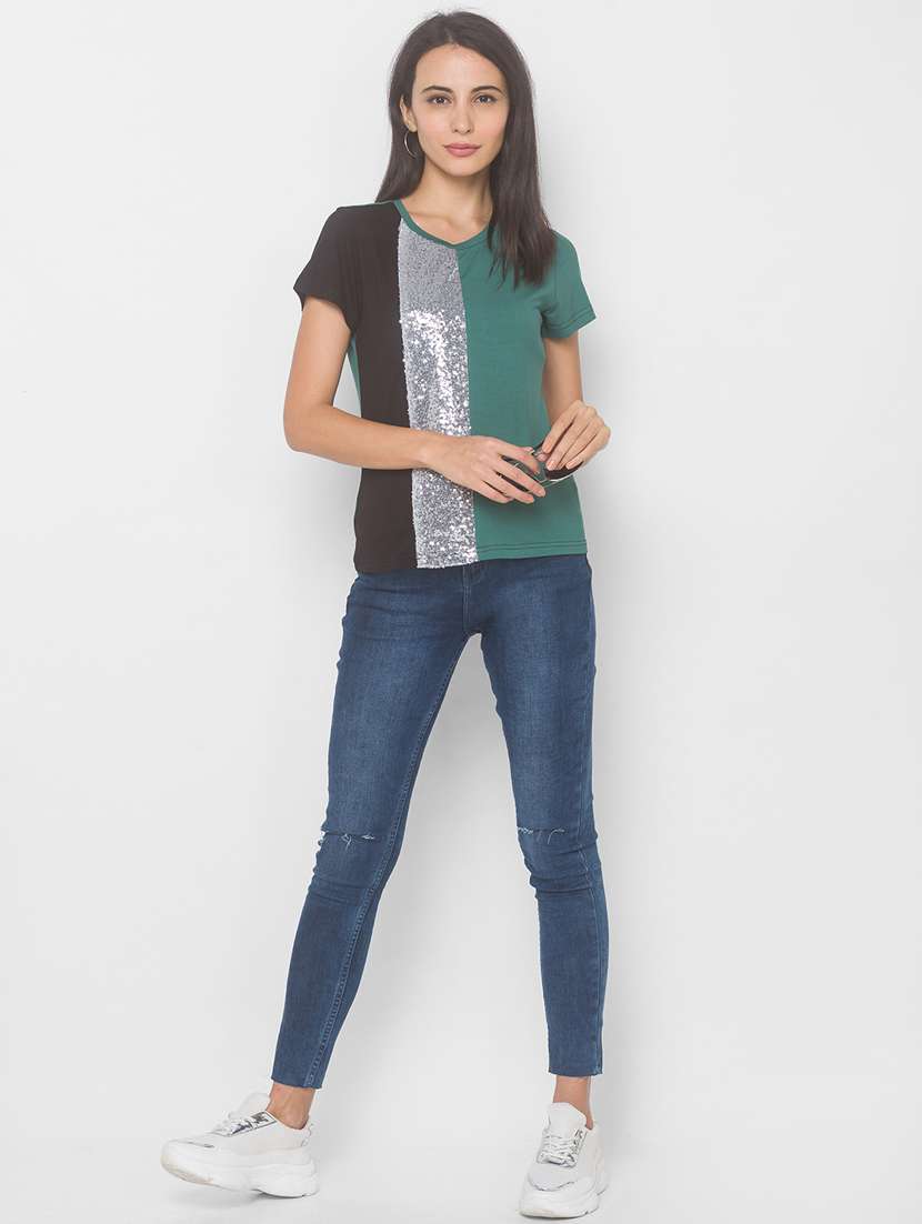 women's color block round neck t-shirt - 18068216 -  Standard Image - 3