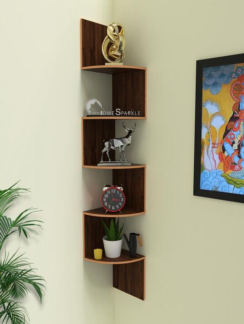 home sparkle wooden zig zag wall shelves corner shelf for living room (dark brown) - 18078314 - Standard Image - 0