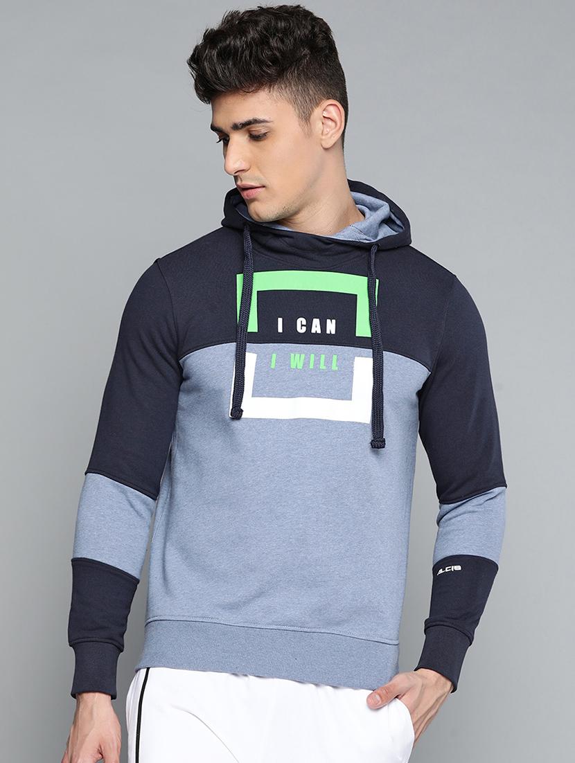 blue chest-printed color blocked sweatshirt