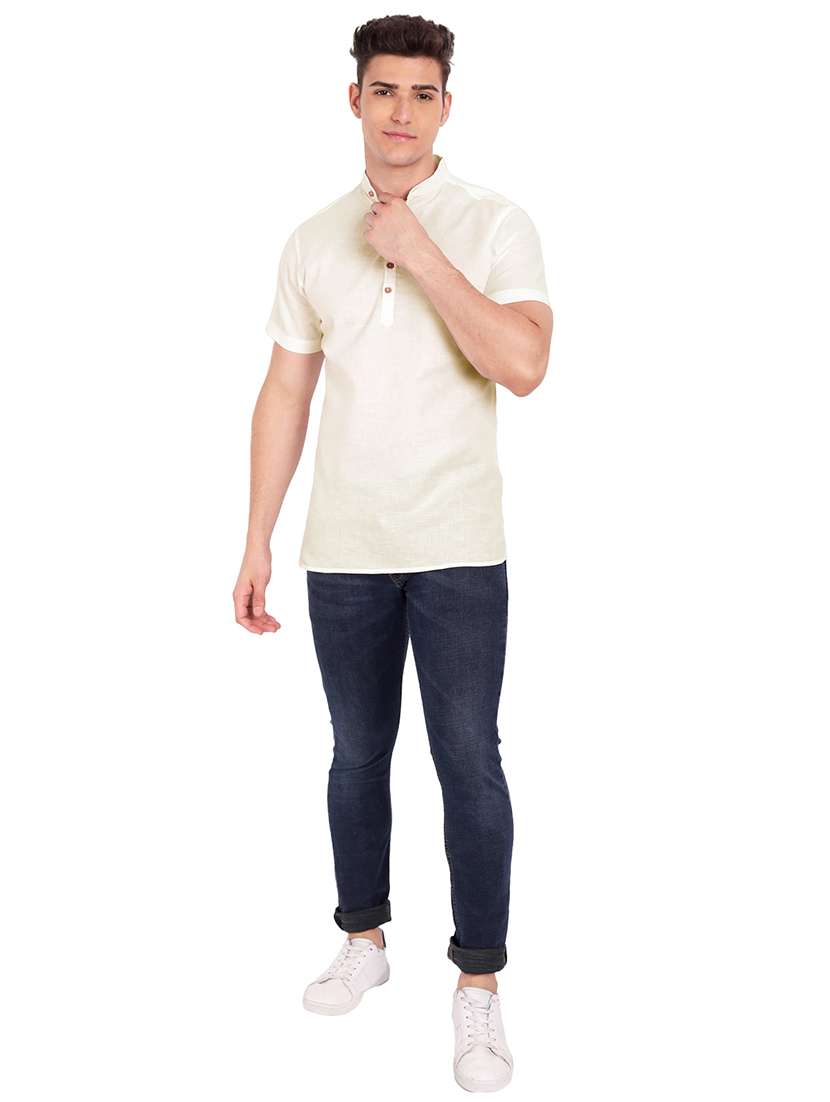 beige solid short kurta - 18079868 -  Standard Image - 3