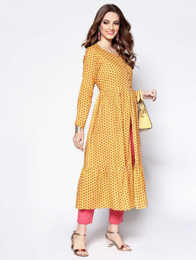 Women Yellow Printed Long Sleeve Front Slit Kurta