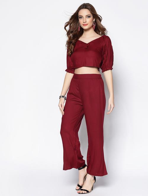v-neck solid crop top & trouser set - 18081122 - Standard Image - 0