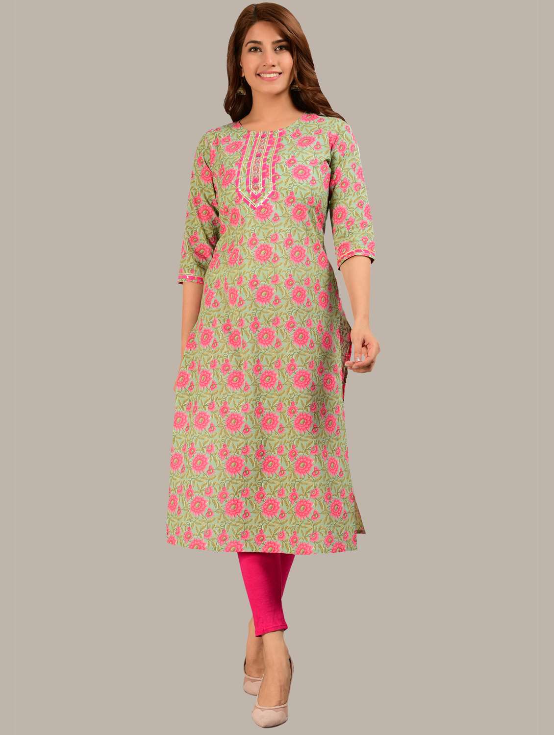 green printed straight kurta