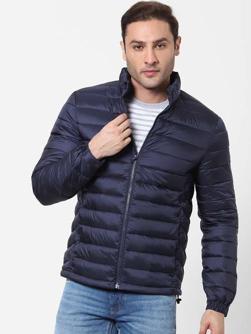 navy blue solid quilted jacket - 18083802 - Standard Image - 0