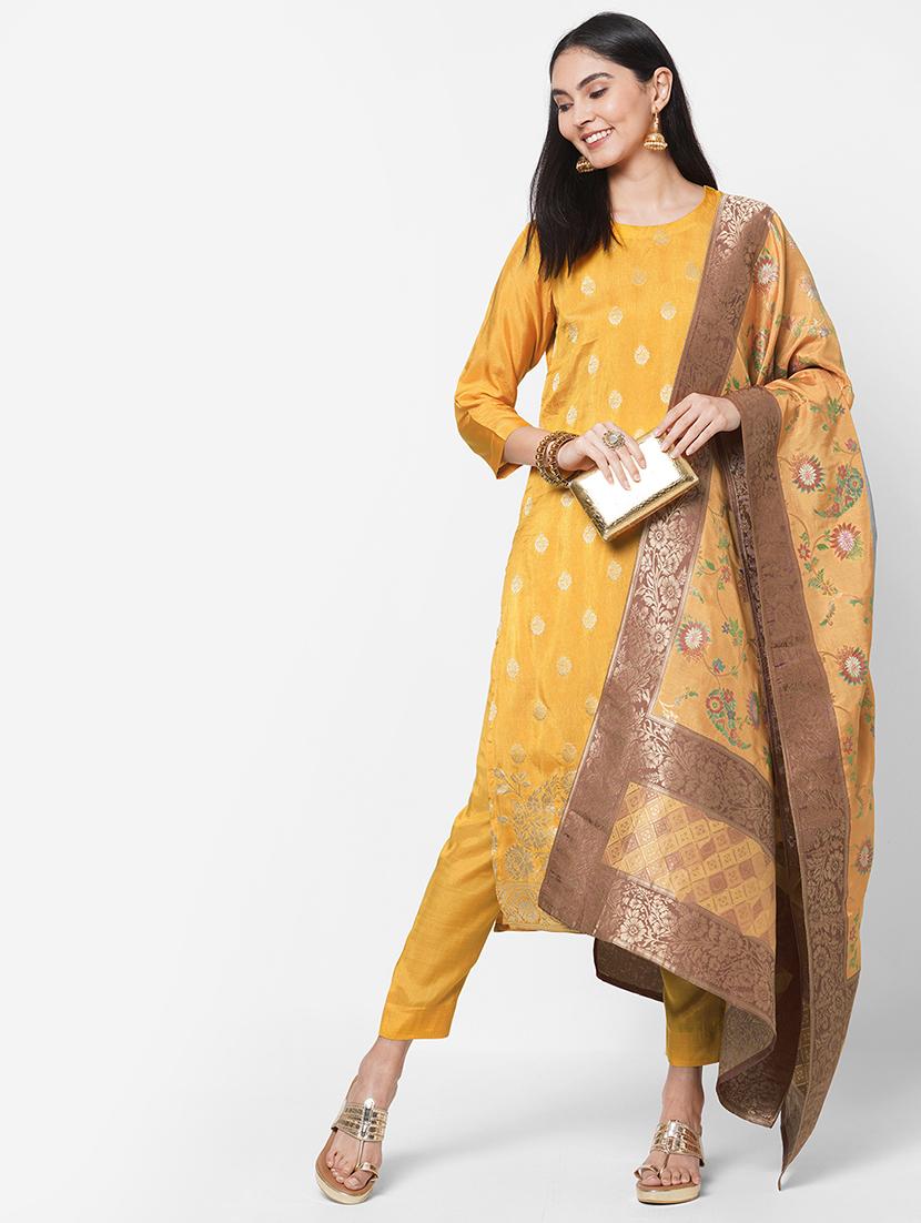 yellow printed unstitched suit set - 18113077 - Standard Image - 3