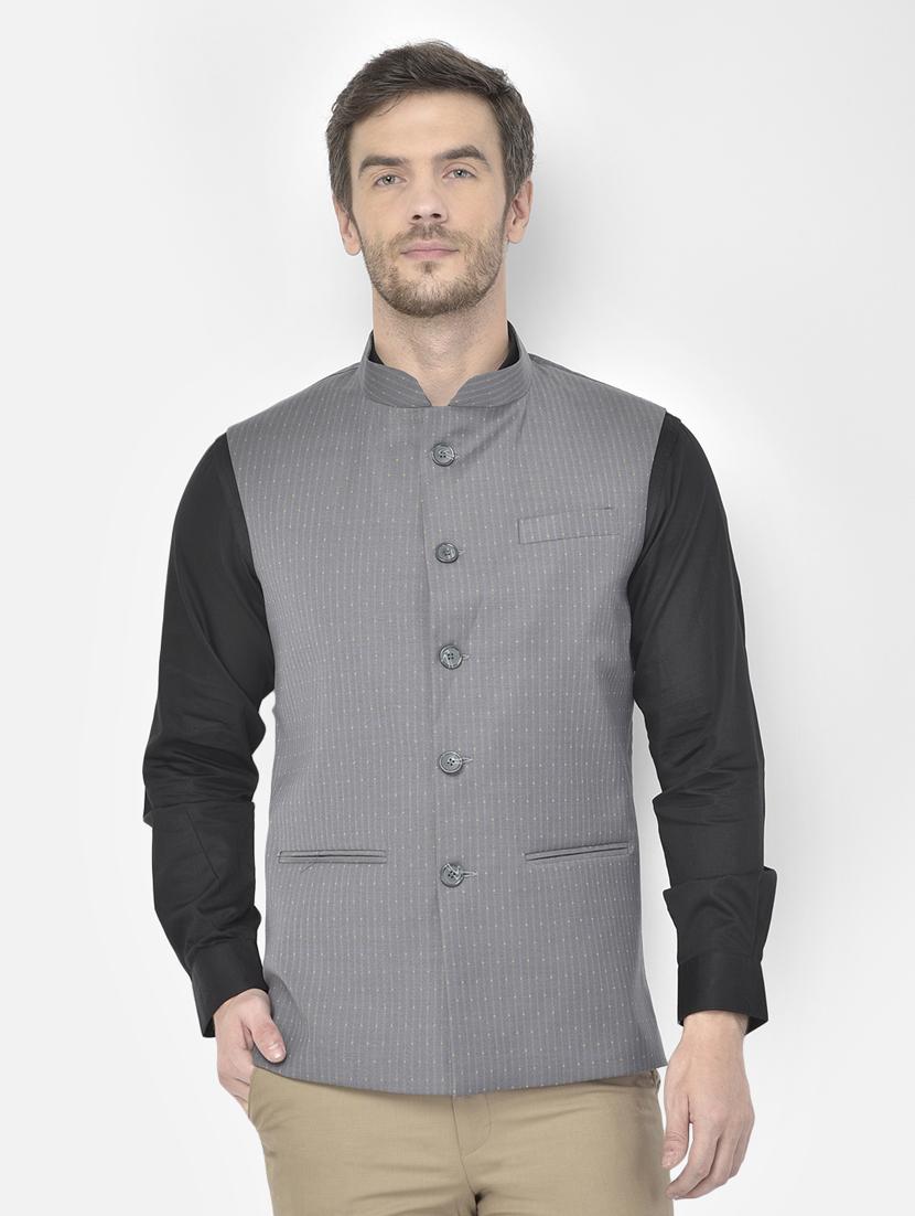 grey polyester blend nehru jacket - 18117679 -  Zoom Image - 0