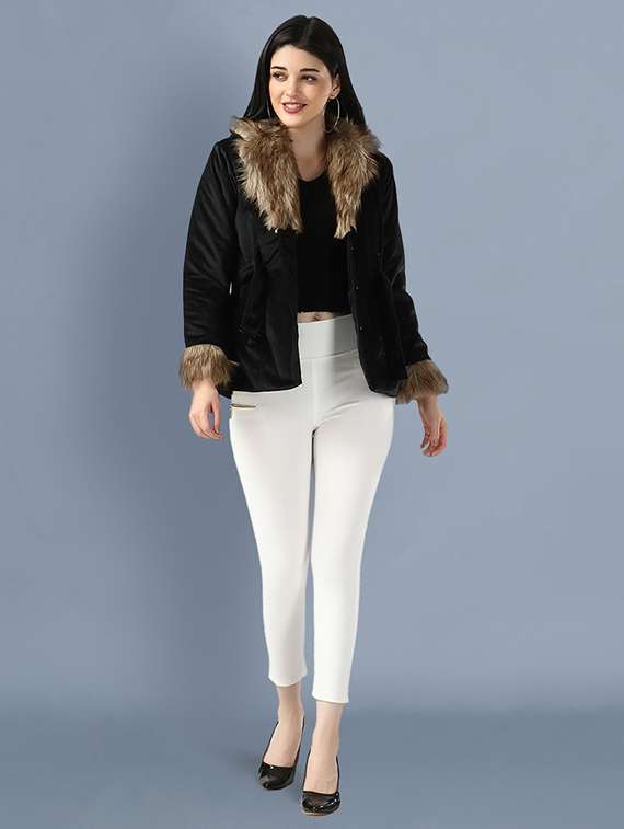 women black solid lapel neck fur jacket - 18138365 -  Standard Image - 3